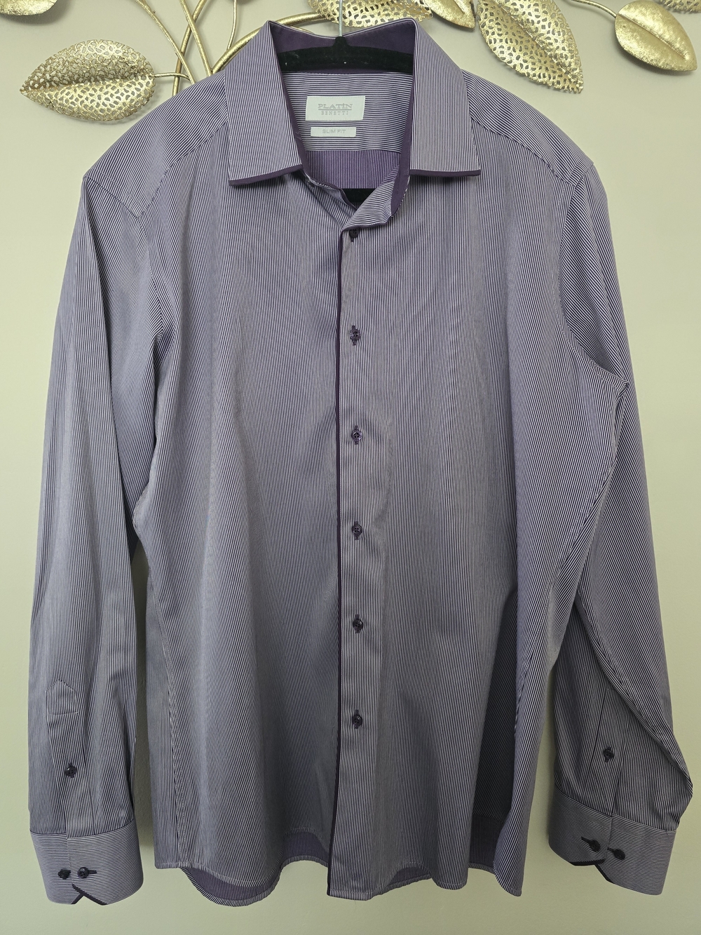 Slim Fit Purple Dress Shirt Striped - Long Sleeve Size L